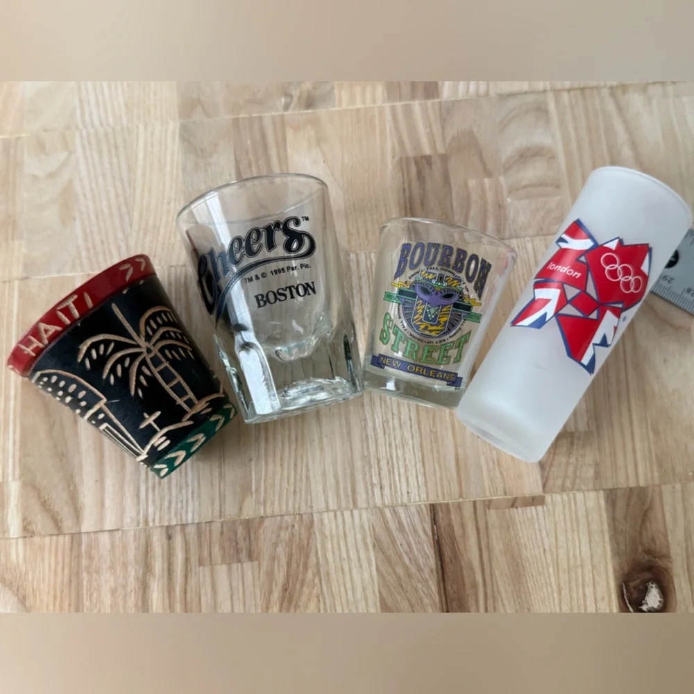 Fun 4 Shot Glass Set London 2012 Olympics, Haiti, Cheers Boston, New Orleans